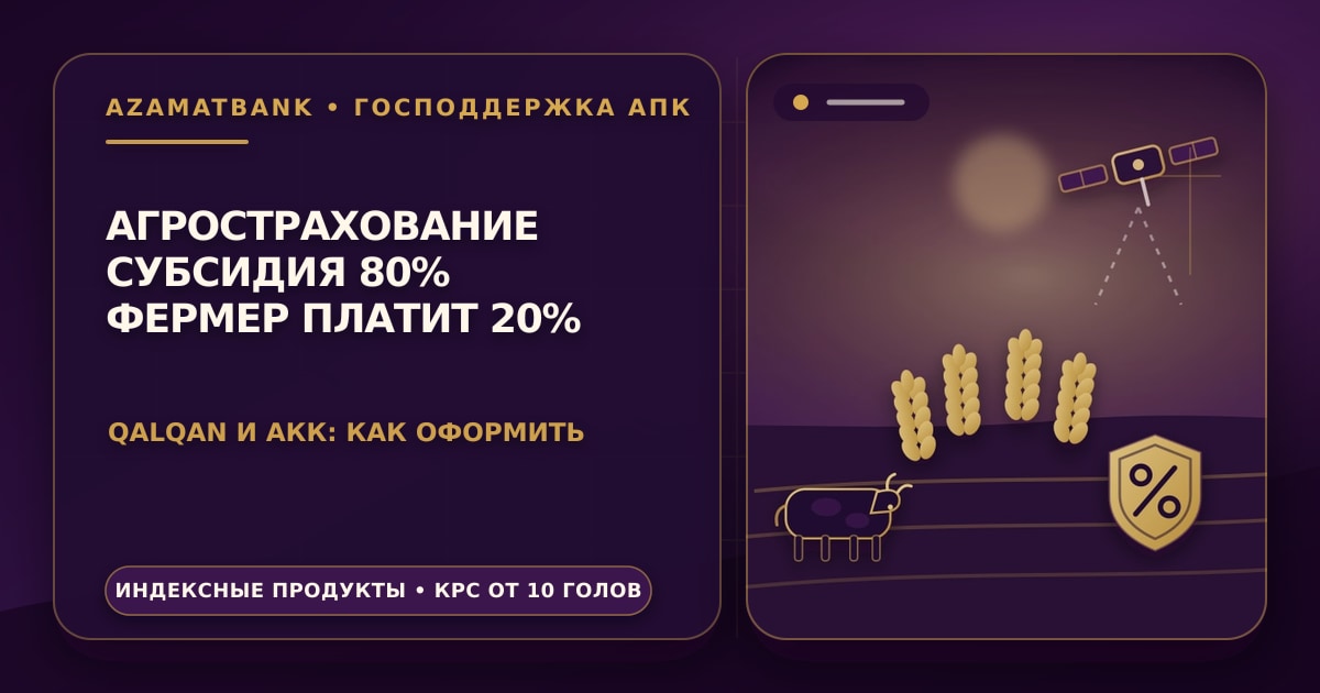 Стилизованная иллюстрация AzamatBank: поле с колосьями под спутниковым сканером, силуэт коровы и золотой щит с процентной меткой — агрострахование с государственной субсидией
