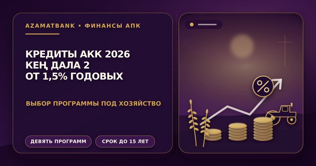 Стилизованная иллюстрация AzamatBank: золотые монеты, выстроенные растущими колоннами, колосья пшеницы и силуэт трактора на фиолетовом градиенте — программы льготного кредитования АКК