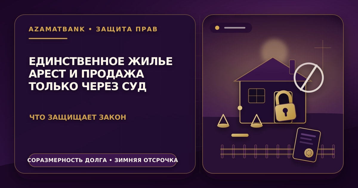 Стилизованная иллюстрация AzamatBank: дом с висячим замком на фоне весов справедливости, в фиолетово-золотой палитре — арест единственного жилья и защита законом