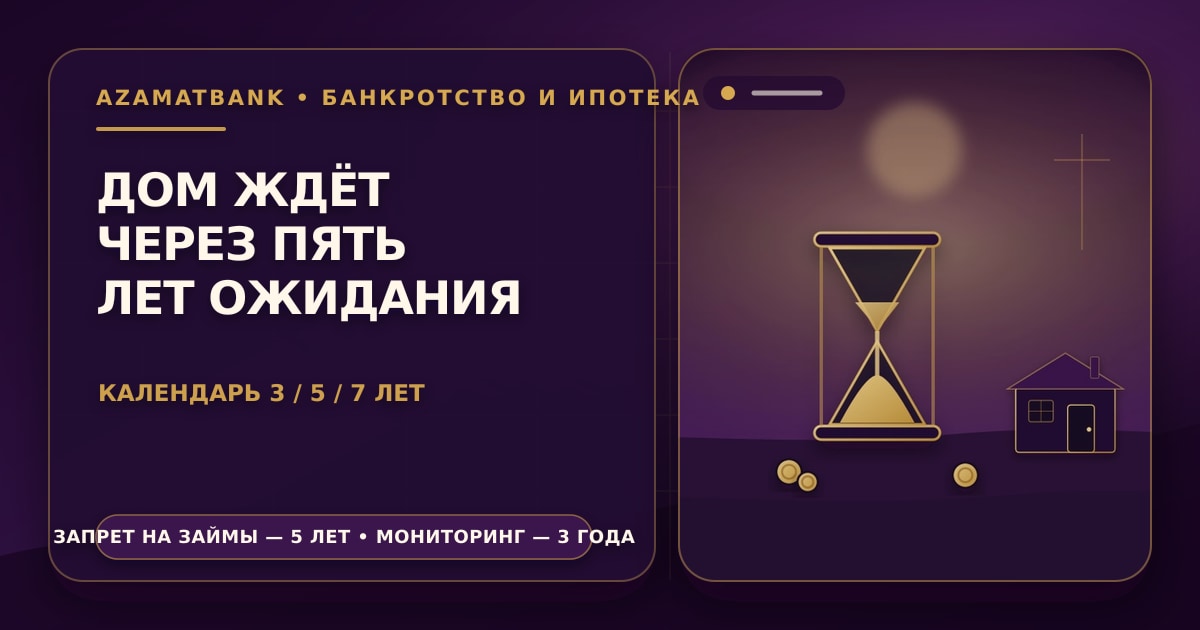 Стилизованная иллюстрация AzamatBank: дом за песочными часами с золотыми монетами на фиолетовом градиенте — ипотека после банкротства