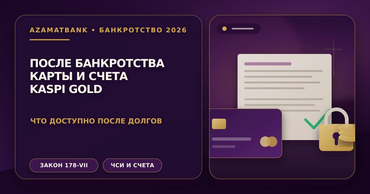 Банковская карта, выписка по счёту и документы на рабочем столе — банковские услуги после банкротства физического лица в Казахстане