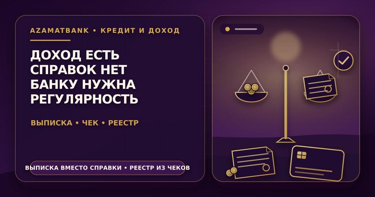 Стилизованная иллюстрация AzamatBank: весы с монетами и документом, печать с галочкой и банковская карта на фиолетовом градиенте — подтверждение дохода для кредита