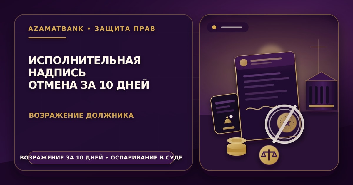 Стилизованная иллюстрация AzamatBank: нотариальный документ с печатью, перечёркнутый весами справедливости, в фиолетово-золотой палитре — отмена исполнительной надписи нотариуса