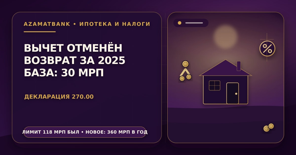 Стилизованная иллюстрация AzamatBank: дом с золотыми монетами и медальоном с процентами на фиолетовом градиенте — вычет по ИПН с ипотечного вознаграждения