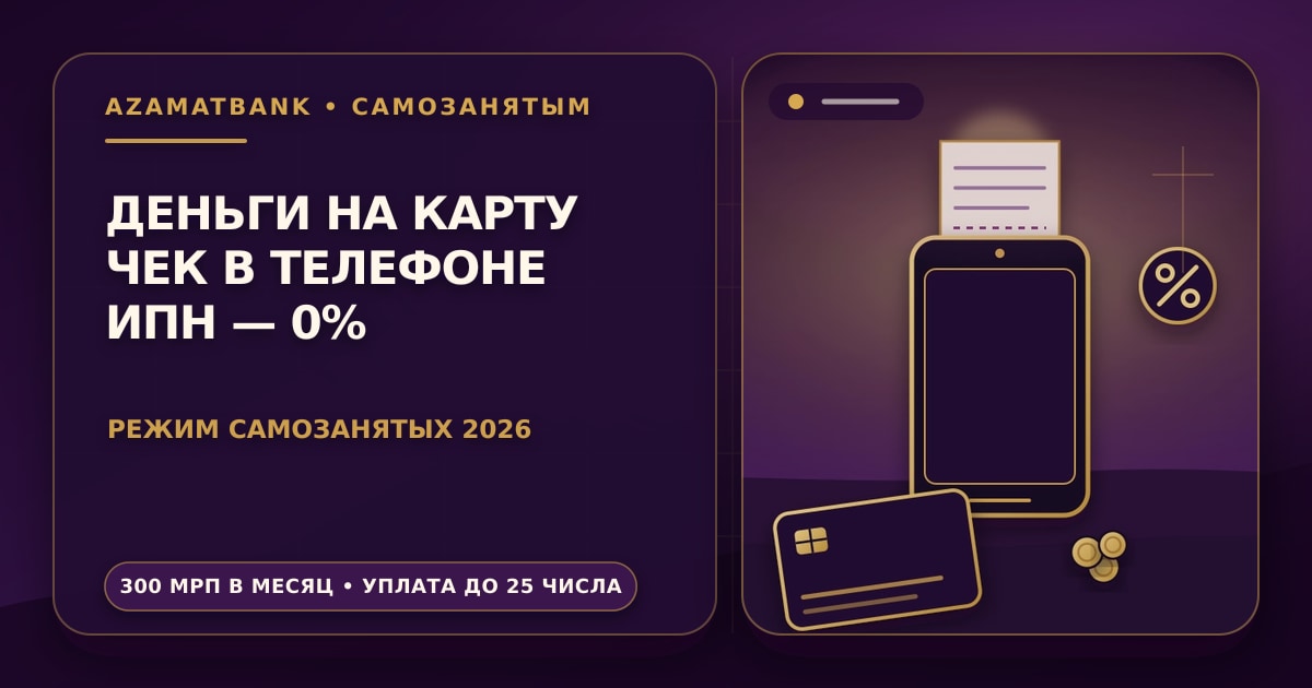 Стилизованная иллюстрация AzamatBank: золотая карта с монетами над чеком и телефоном на фиолетовом градиенте — оплата самозанятому на личную карту