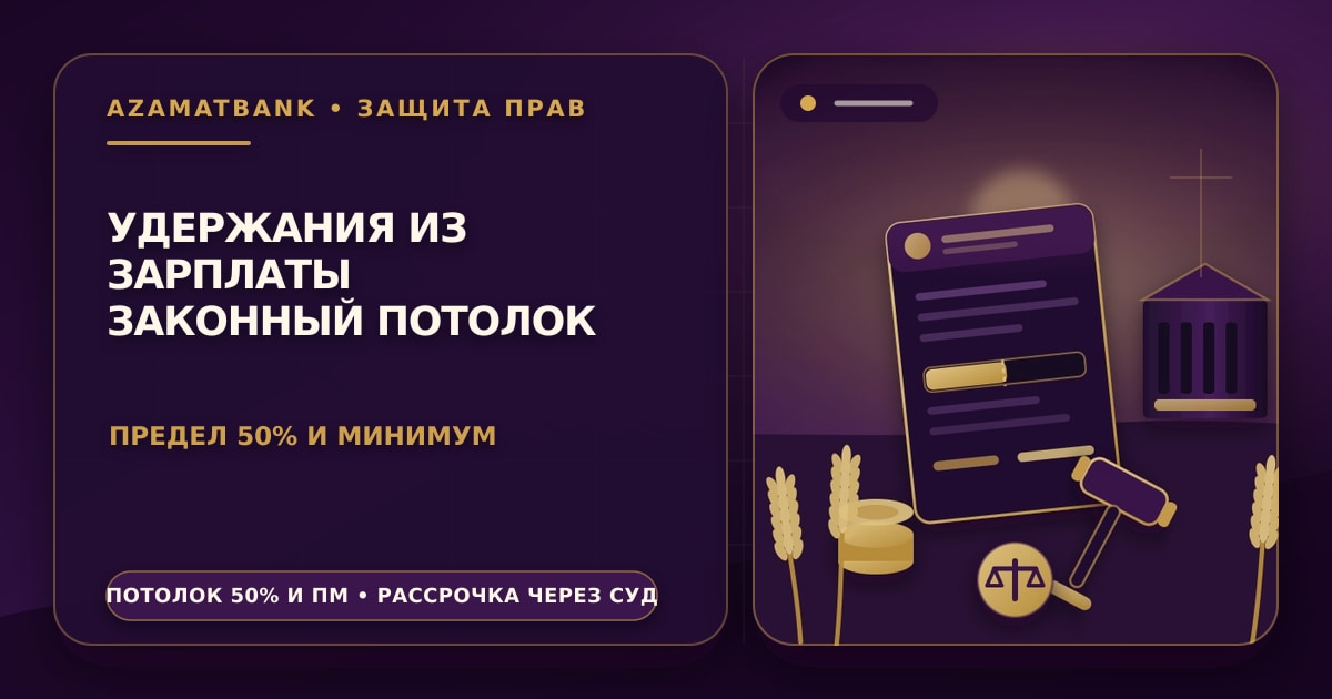 Стилизованная иллюстрация AzamatBank: расчётный лист с удержанной частью, защищённый весами и молотком судьи, в фиолетово-золотой палитре — удержание из зарплаты по исполнительному листу