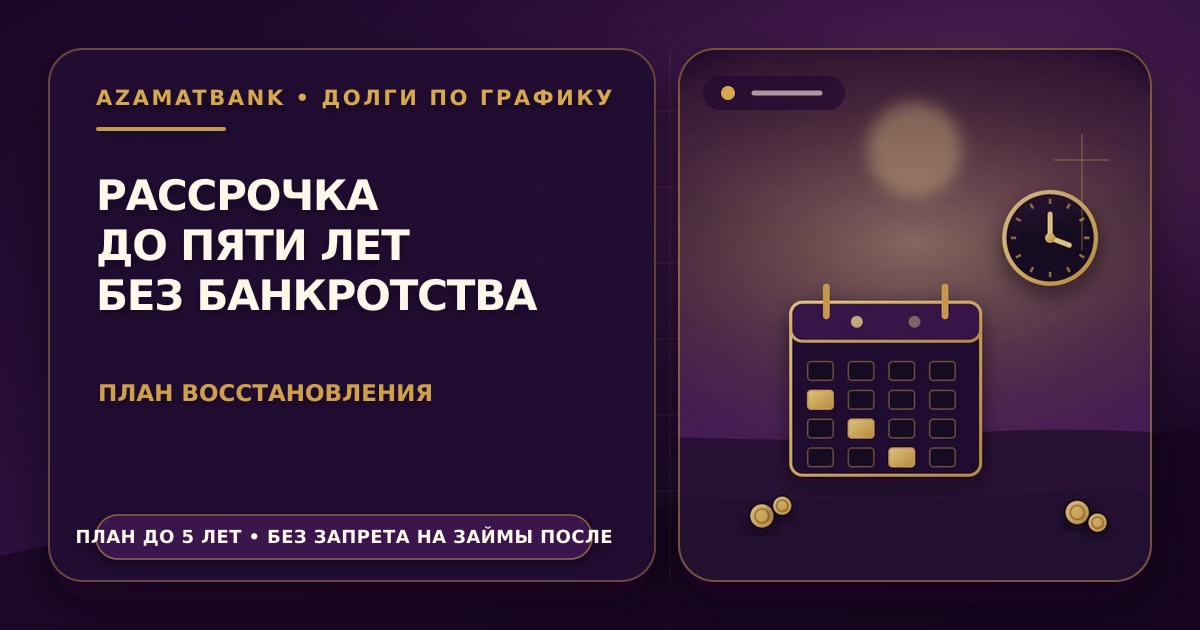 Стилизованная иллюстрация AzamatBank: золотые часы над календарным листом с монетами на фиолетовом градиенте — восстановление платежеспособности вместо банкротства