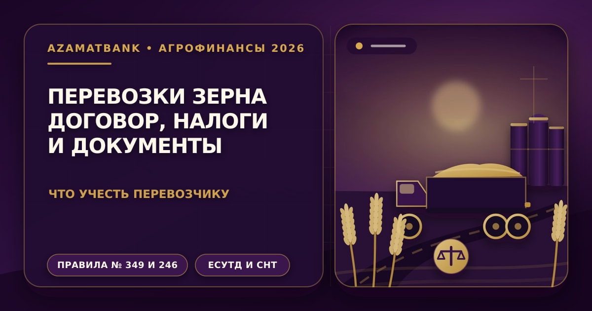 Стилизованная иллюстрация AzamatBank: зерновоз на дороге к элеватору в пшеничном поле на закате в фиолетово-золотой палитре — перевозка зерна: договор, налоги и документы